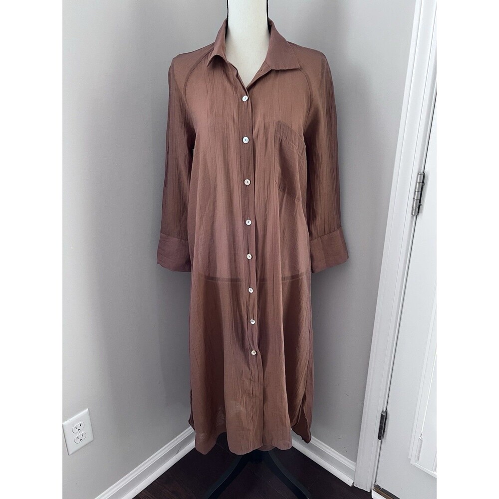 ZARA Sheer Crinkled Button Down Duster Top Brown Size XS EUC